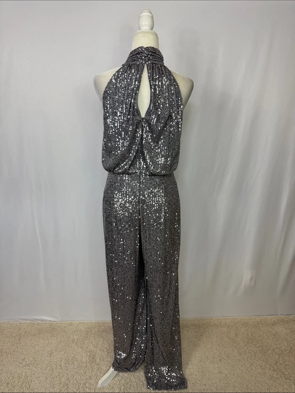 Eliza J Sequin Mock Neck Jumpsuit Size 8 Gunmetal Silver - Picture 6 of 11